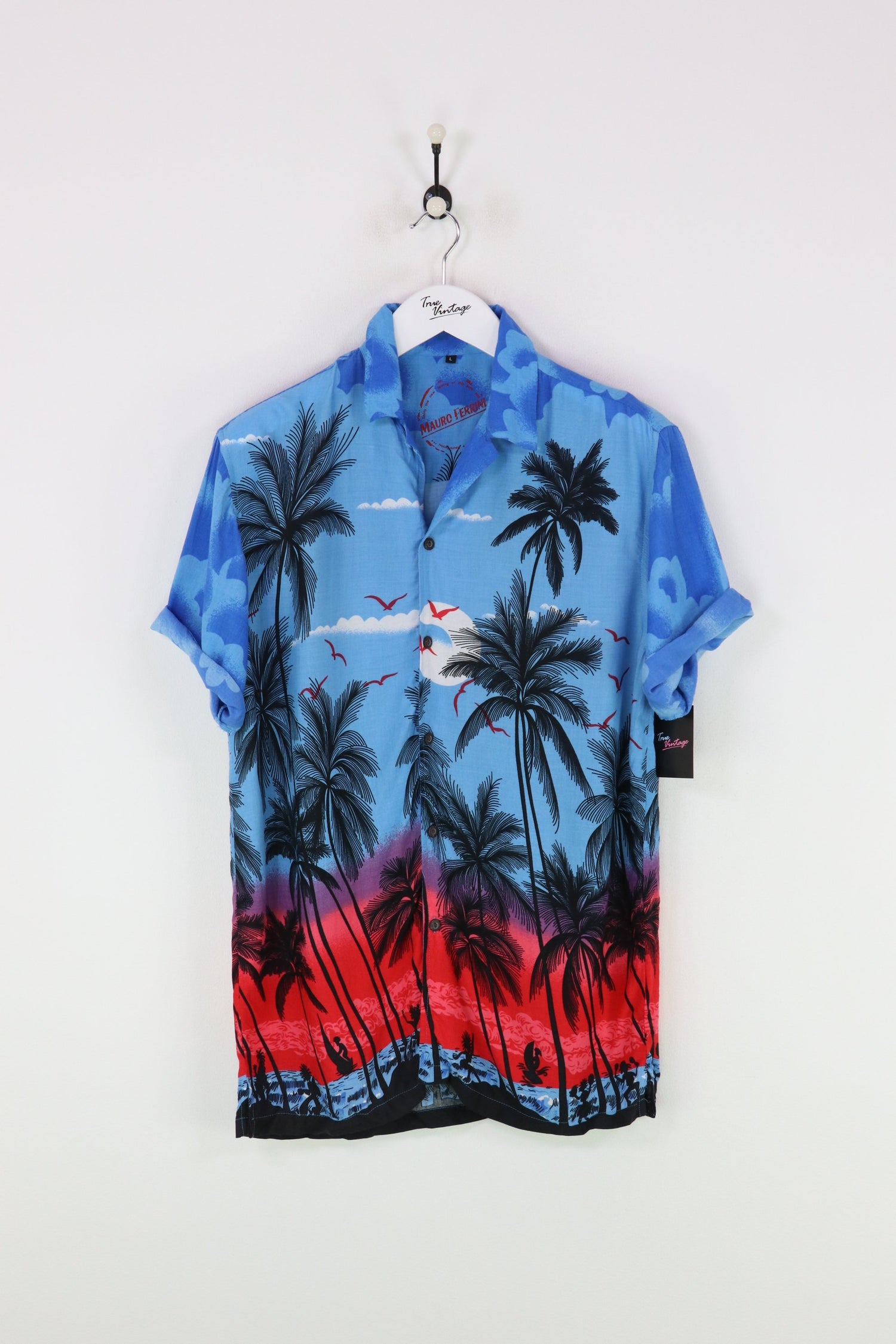 Vintage Sunset Beach Shirt Blue/Black/Red Large