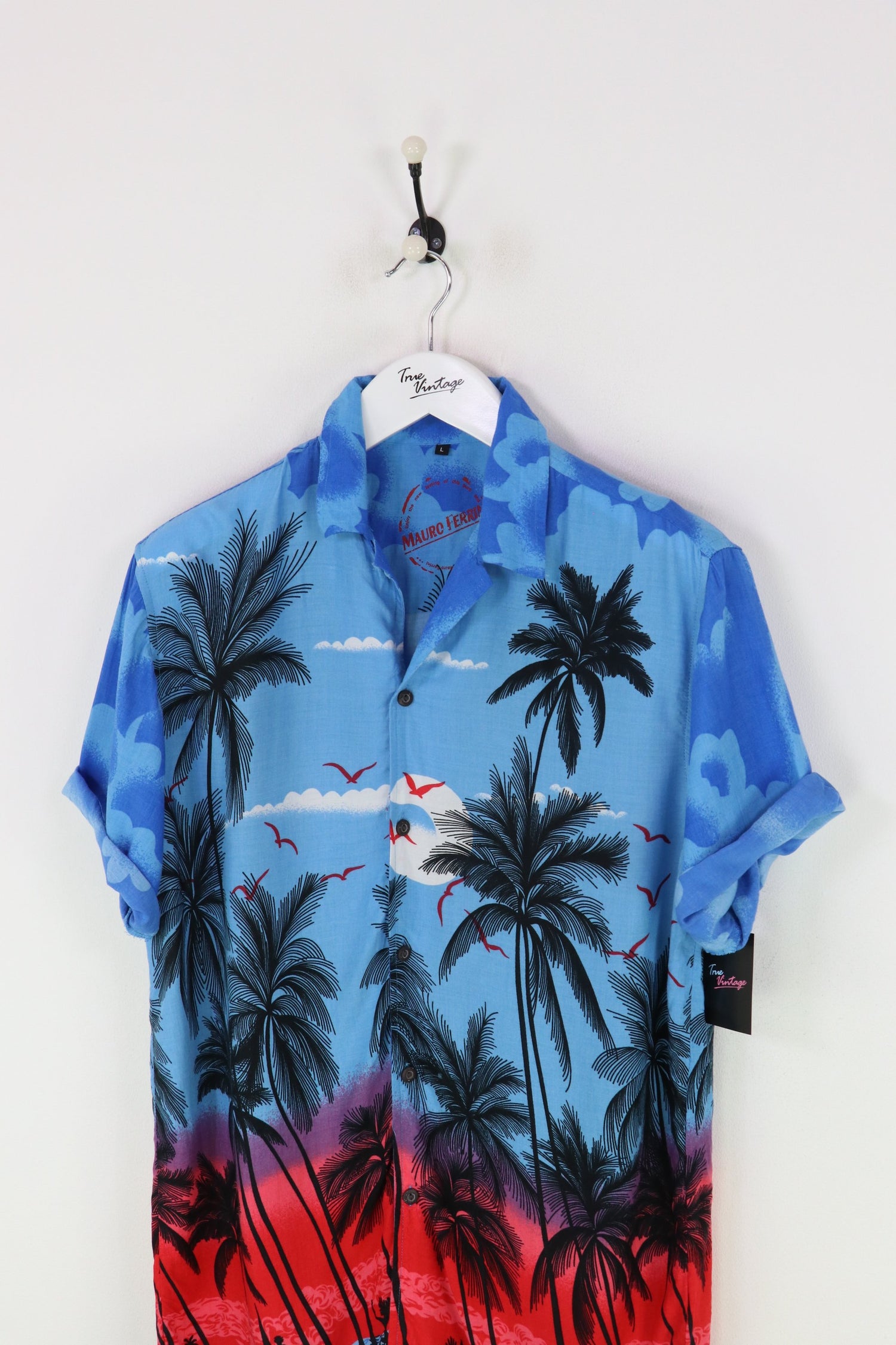 Vintage Sunset Beach Shirt Blue/Black/Red Large